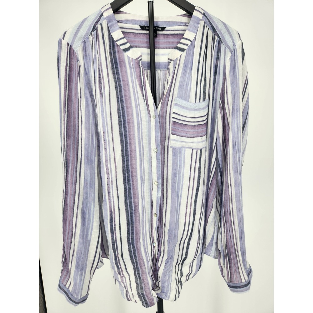 Zac & Rachel Striped Tie Front Blouse Purple Blue White XXL Long Sleeve Roll Tab